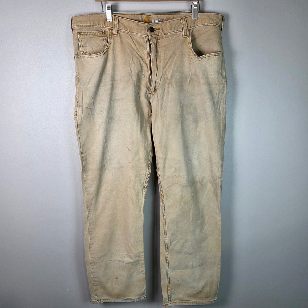 Carhartt Relaxed Fit Pants Mens 38x32 Tan Fair Canvas Rugged Workwear 102517-918